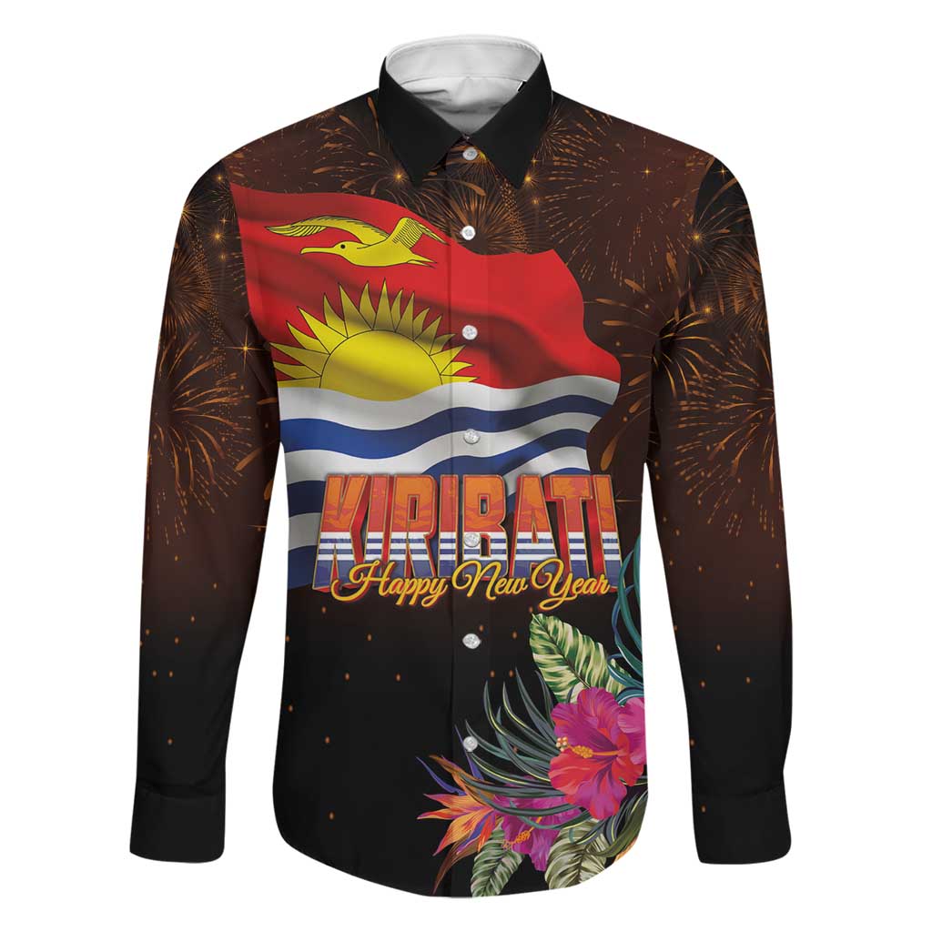 Kiribati Flag and Fireworks Family Matching Off Shoulder Maxi Dress and Hawaiian Shirt First Place Welcome the New Year LT03 Dad's Shirt - Long Sleeve Black - Polynesian Pride