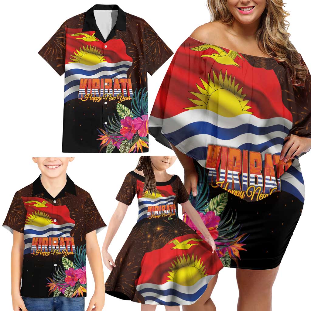 Kiribati Flag and Fireworks Family Matching Off Shoulder Short Dress and Hawaiian Shirt First Place Welcome the New Year LT03 - Polynesian Pride