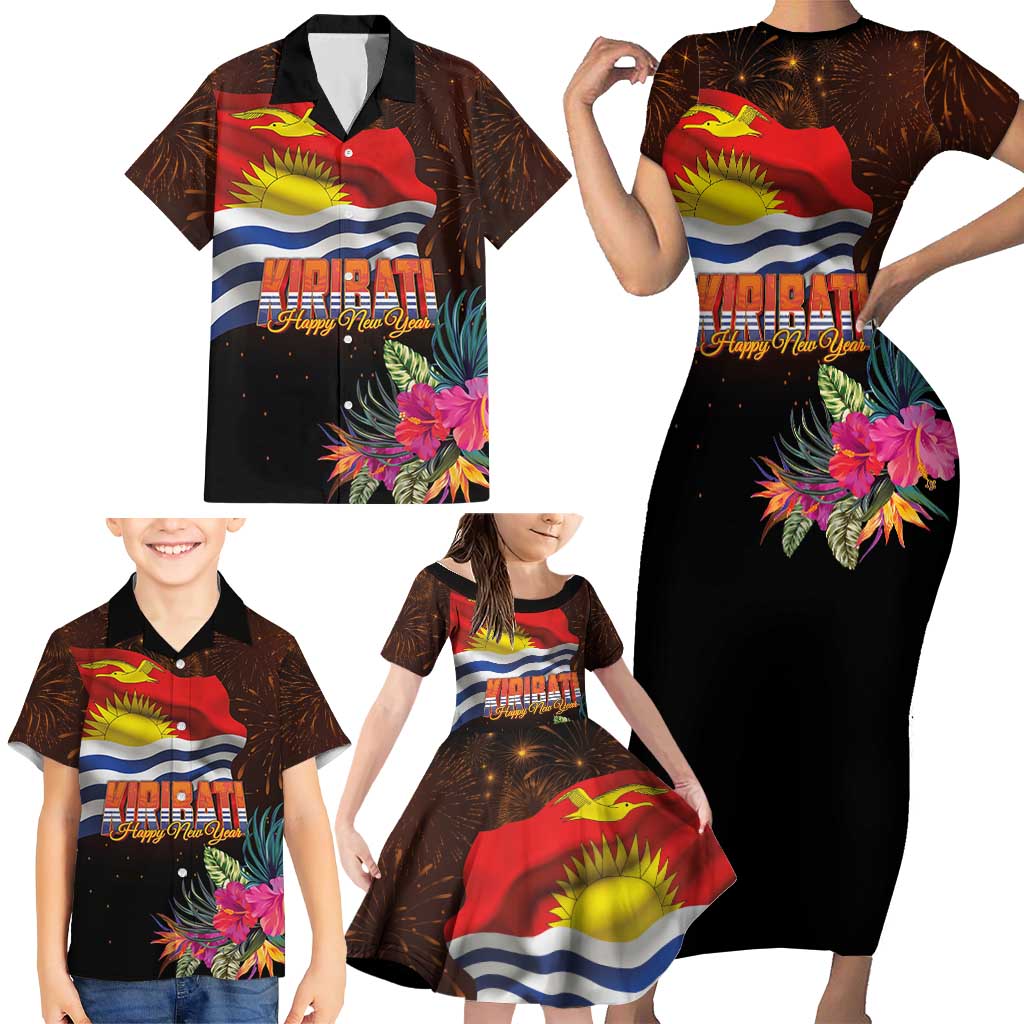Kiribati Flag and Fireworks Family Matching Short Sleeve Bodycon Dress and Hawaiian Shirt First Place Welcome the New Year - Polynesian Pride