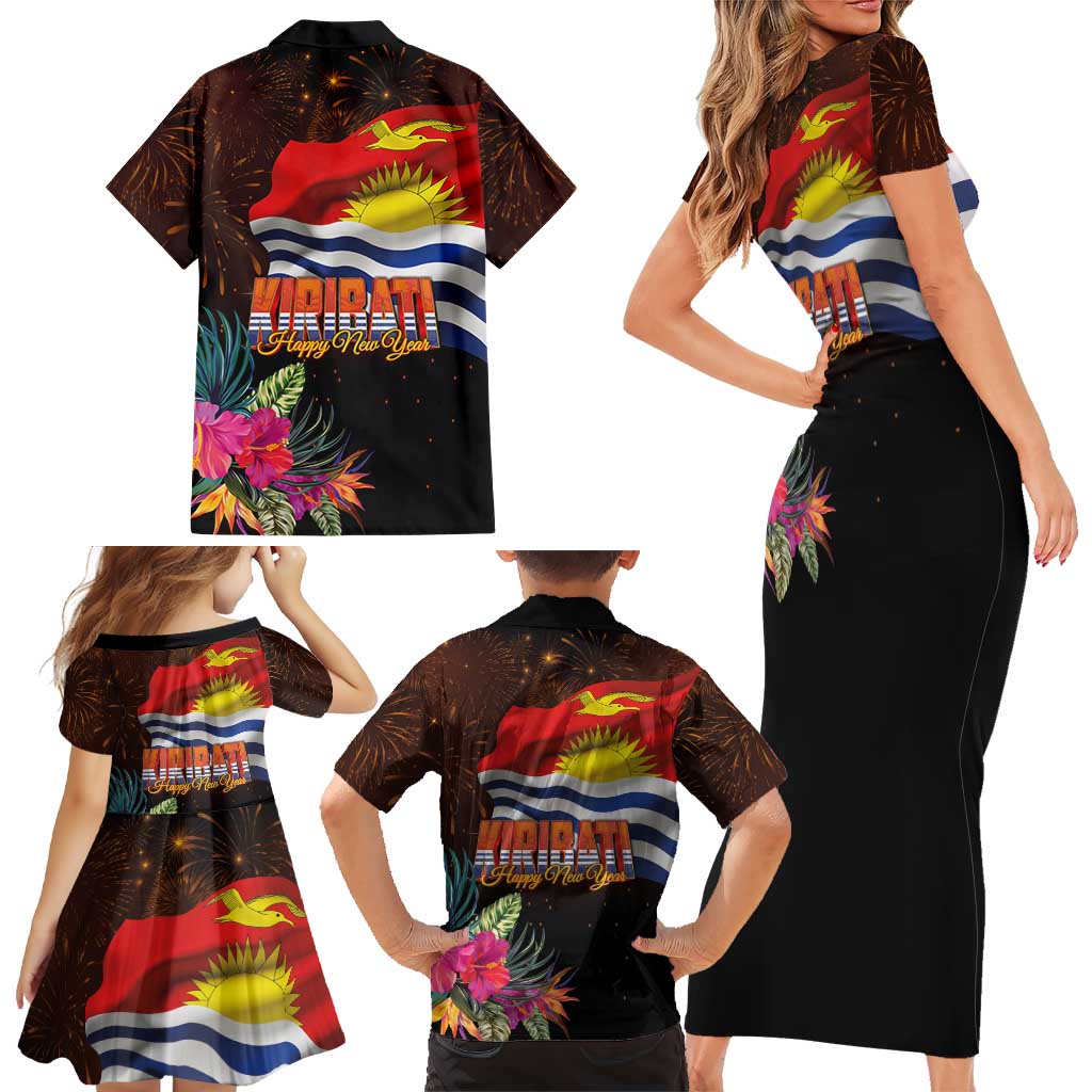 Kiribati Flag and Fireworks Family Matching Short Sleeve Bodycon Dress and Hawaiian Shirt First Place Welcome the New Year LT03 - Polynesian Pride