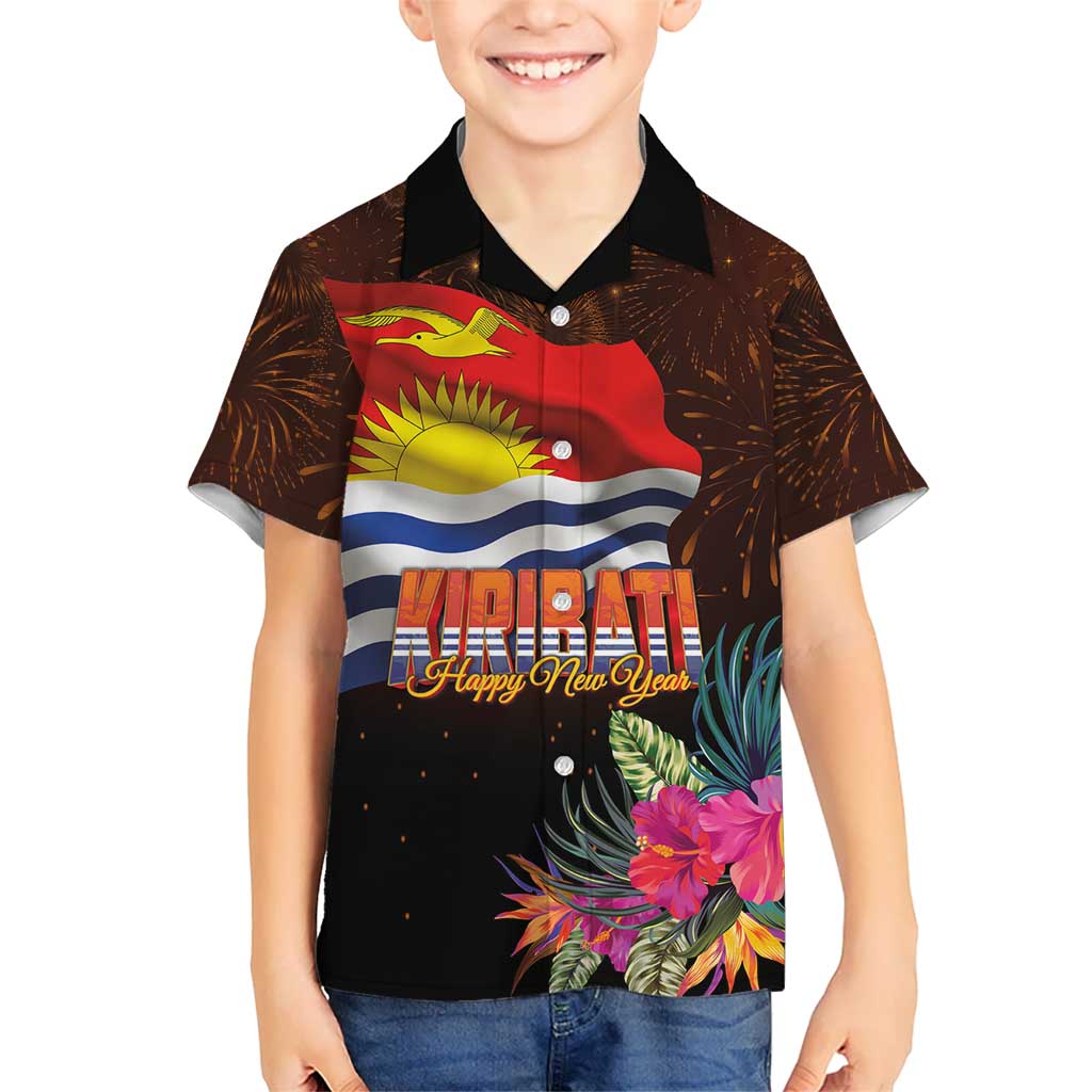 Kiribati Flag and Fireworks Family Matching Short Sleeve Bodycon Dress and Hawaiian Shirt First Place Welcome the New Year LT03 Son's Shirt Black - Polynesian Pride