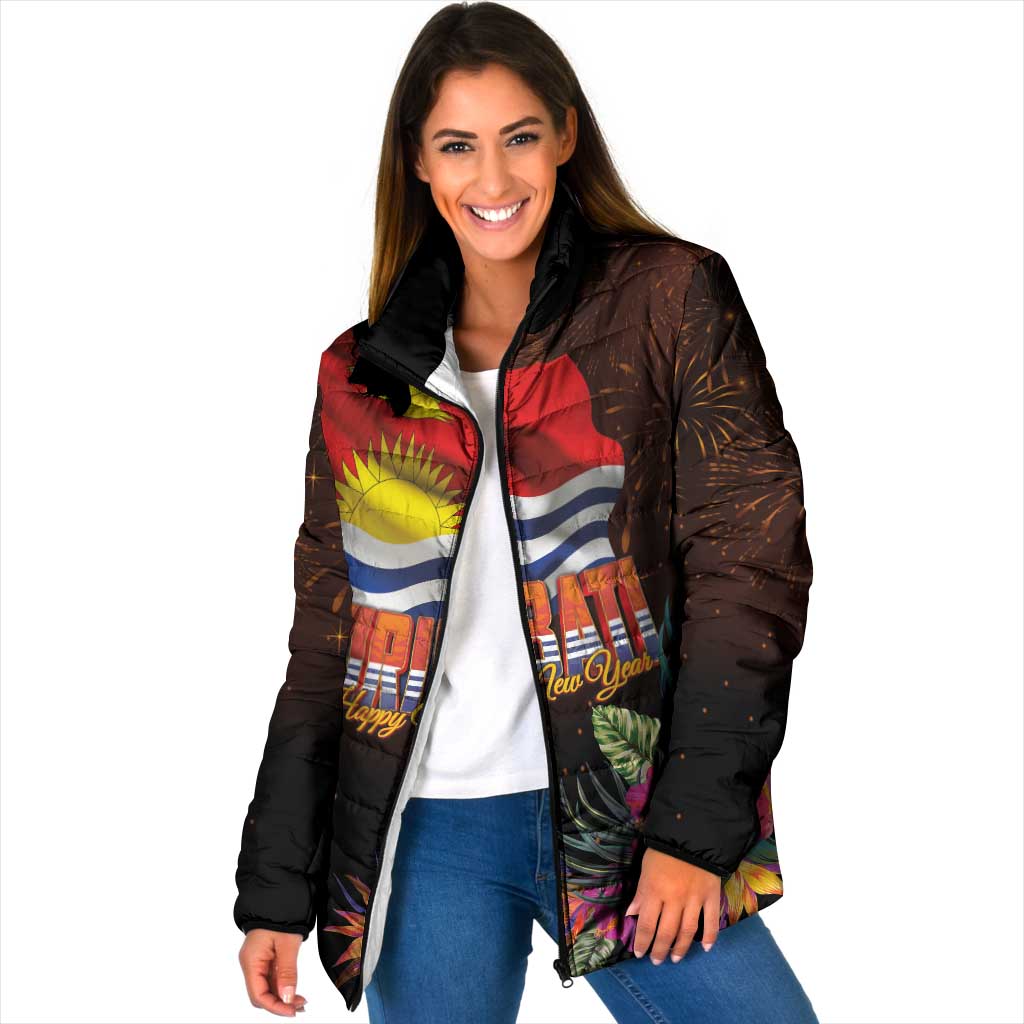 Kiribati Flag and Fireworks Padded Jacket First Place Welcome the New Year LT03 Women Black - Polynesian Pride