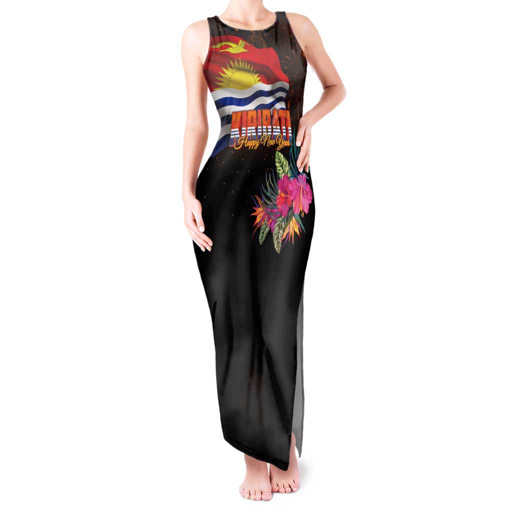 Kiribati Flag and Fireworks Tank Maxi Dress First Place Welcome the New Year LT03 Women Black - Polynesian Pride
