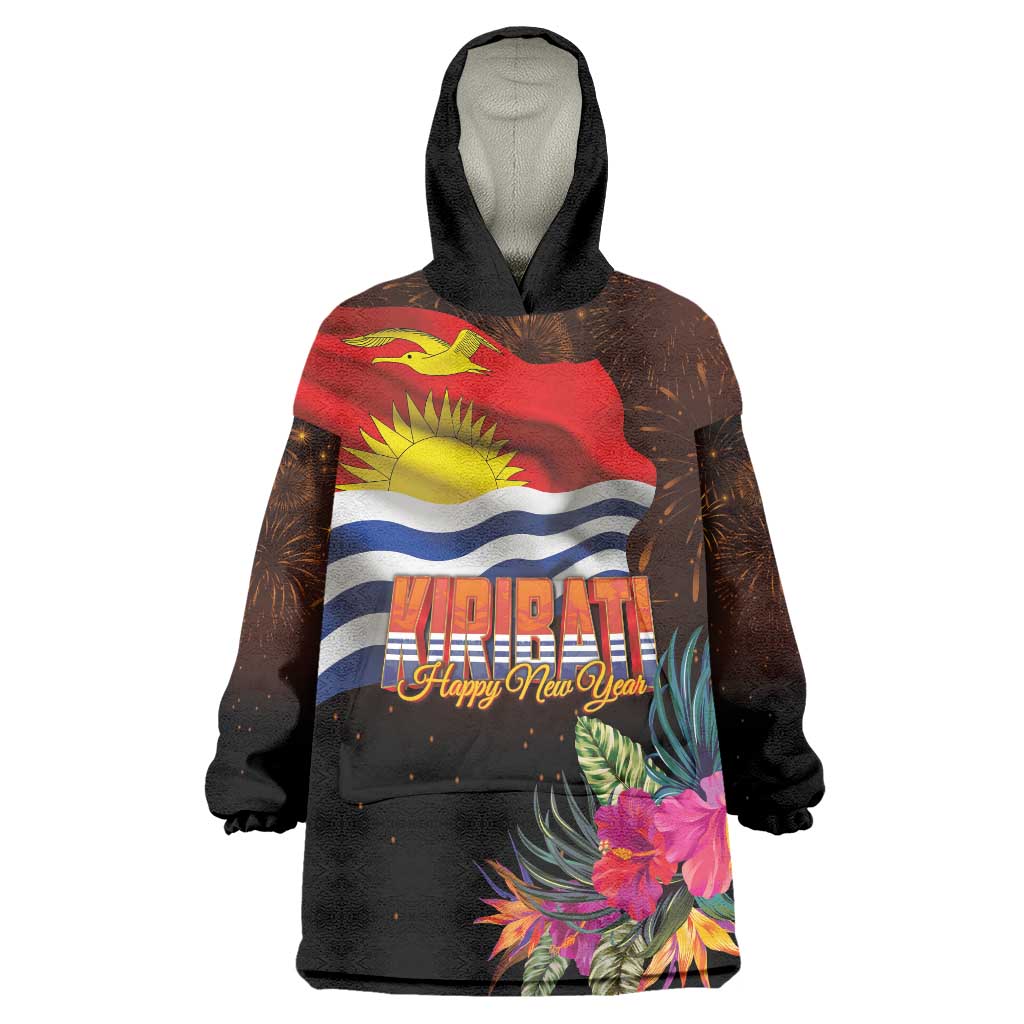 Kiribati Flag and Fireworks Wearable Blanket Hoodie First Place Welcome the New Year LT03 One Size Black - Polynesian Pride