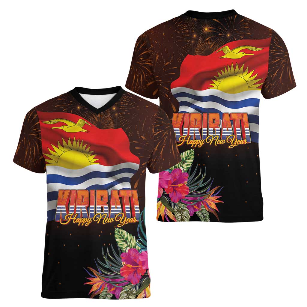 Kiribati Flag and Fireworks Women V-Neck T-Shirt First Place Welcome the New Year - Polynesian Pride