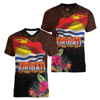 Kiribati Flag and Fireworks Women V-Neck T-Shirt First Place Welcome the New Year - Polynesian Pride