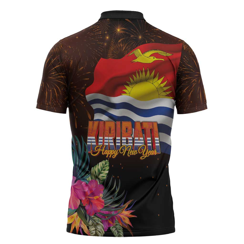 Kiribati Flag and Fireworks Zipper Polo Shirt First Place Welcome the New Year - Polynesian Pride