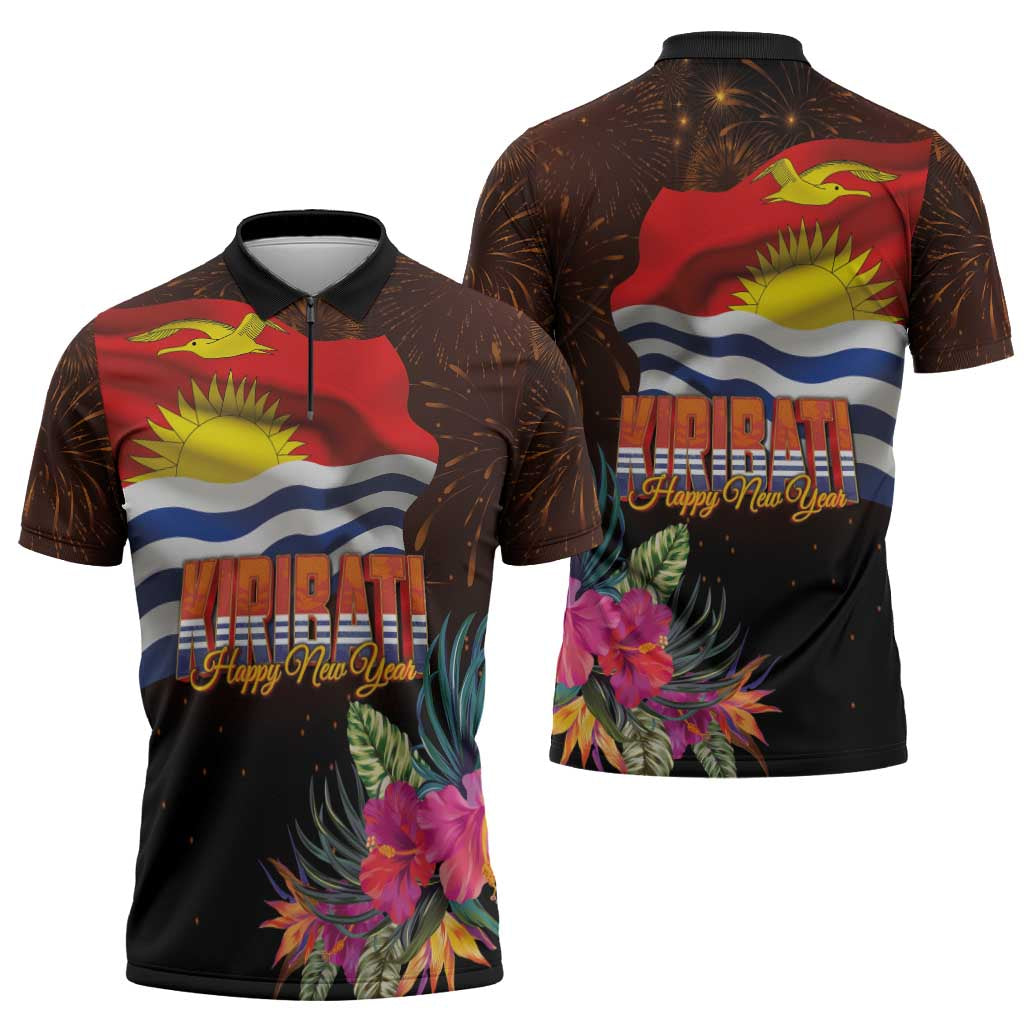 Kiribati Flag and Fireworks Zipper Polo Shirt First Place Welcome the New Year - Polynesian Pride