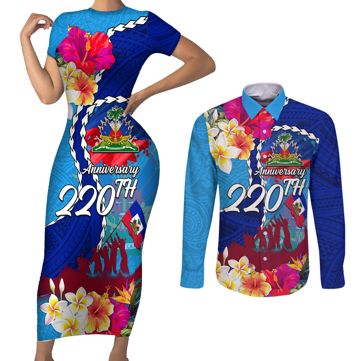 Personalised Haiti 220th Anniversary Independence Day Couples Matching Short Sleeve Bodycon Dress and Long Sleeve Button Shirt Ayiti Flower with Polynesian Pattern LT03 Blue - Polynesian Pride