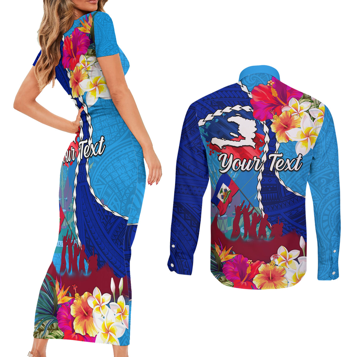 Personalised Haiti 220th Anniversary Independence Day Couples Matching Short Sleeve Bodycon Dress and Long Sleeve Button Shirt Ayiti Flower with Polynesian Pattern LT03 - Polynesian Pride