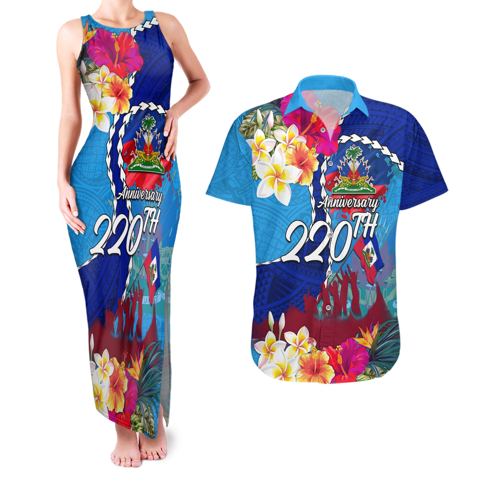 Personalised Haiti 220th Anniversary Independence Day Couples Matching Tank Maxi Dress and Hawaiian Shirt Ayiti Flower with Polynesian Pattern LT03 Blue - Polynesian Pride