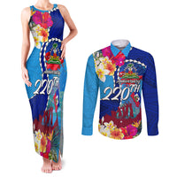 Personalised Haiti 220th Anniversary Independence Day Couples Matching Tank Maxi Dress and Long Sleeve Button Shirt Ayiti Flower with Polynesian Pattern LT03 Blue - Polynesian Pride