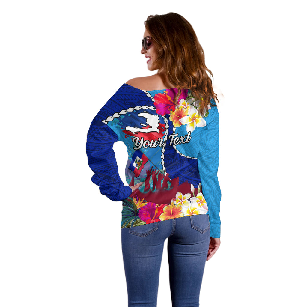 Personalised Haiti 220th Anniversary Independence Day Off Shoulder Sweater Ayiti Flower with Polynesian Pattern LT03 - Polynesian Pride
