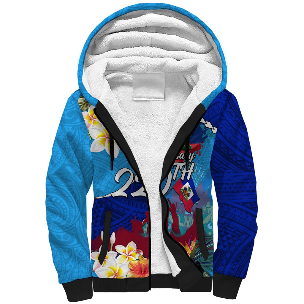 Personalised Haiti 220th Anniversary Independence Day Sherpa Hoodie Ayiti Flower with Polynesian Pattern LT03 Unisex Blue - Polynesian Pride