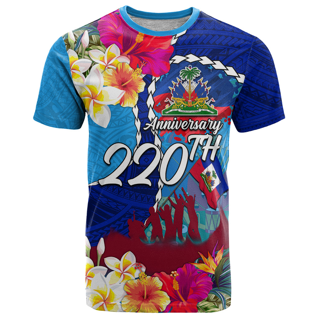 Personalised Haiti 220th Anniversary Independence Day T Shirt Ayiti Flower with Polynesian Pattern LT03 Blue - Polynesian Pride