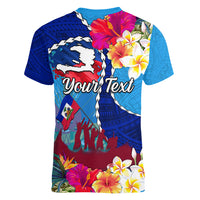 Personalised Haiti 220th Anniversary Independence Day Women V Neck T Shirt Ayiti Flower with Polynesian Pattern LT03 - Polynesian Pride
