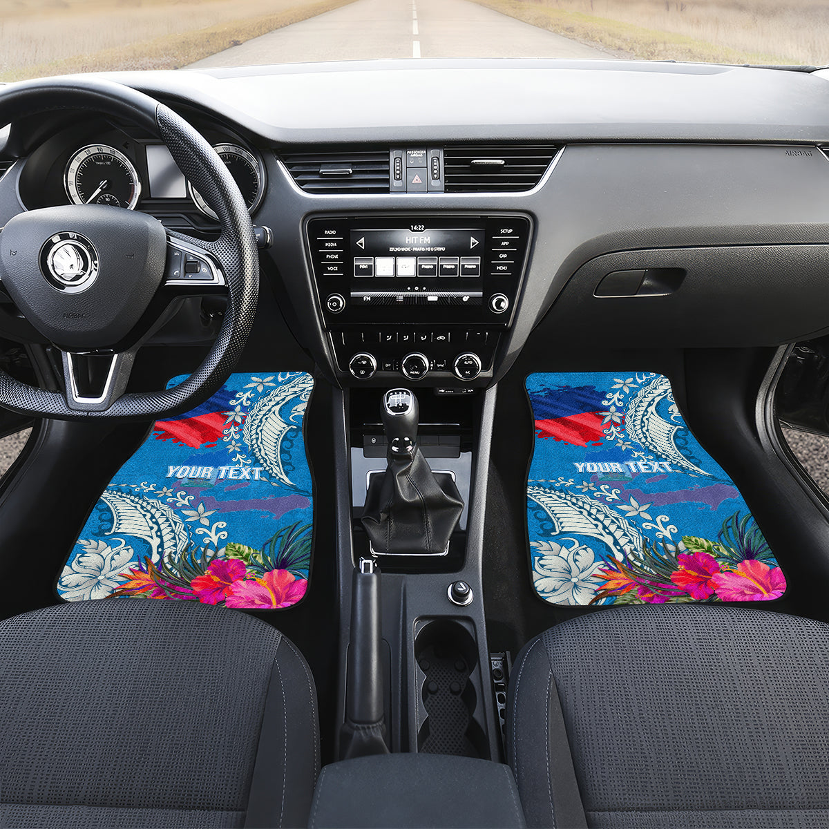 Personalised Haiti Coat Of Arms Car Mats Repiblik d Ayiti Tropical Flower Blue Polynesian Pattern LT03 - Polynesian Pride