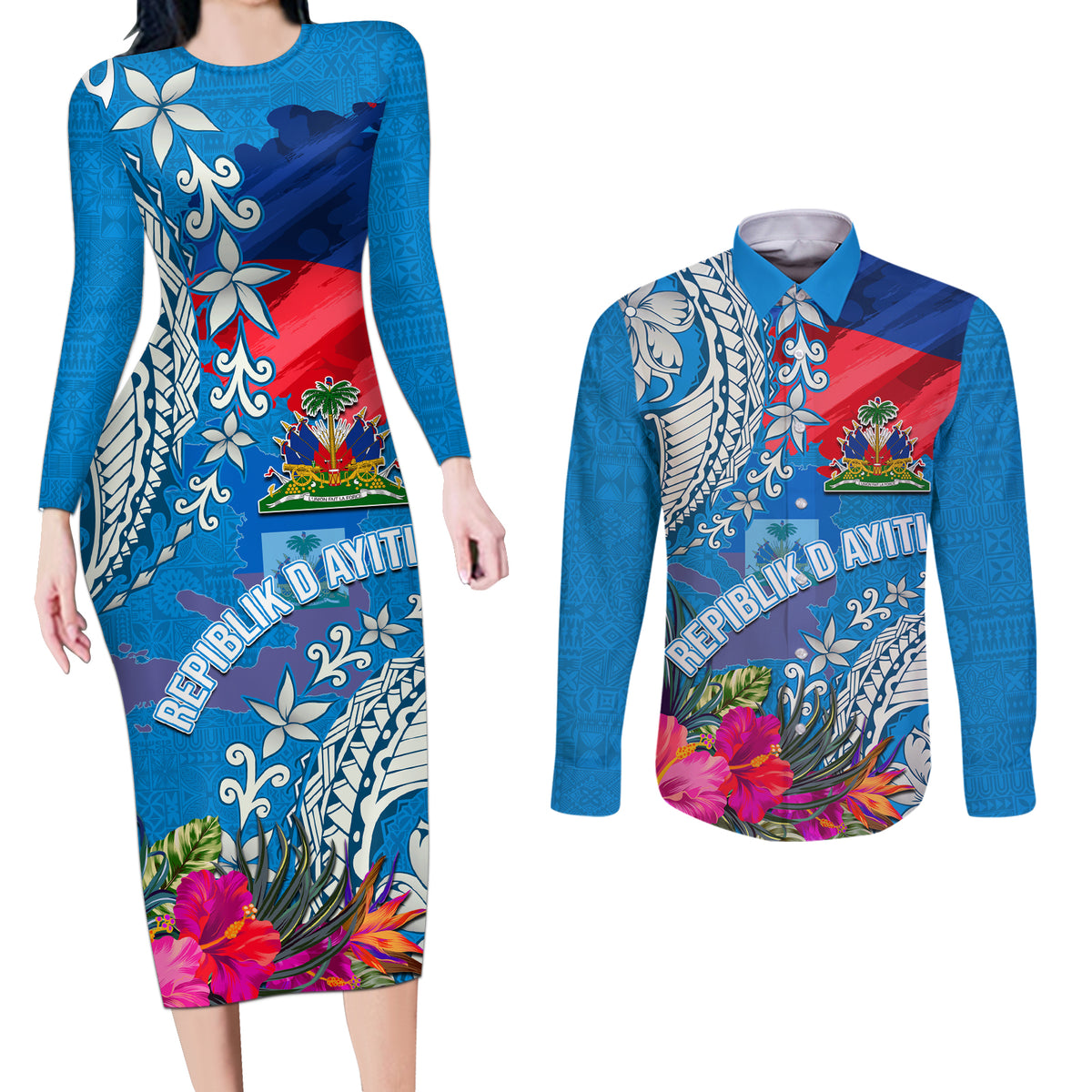 Personalised Haiti Coat Of Arms Couples Matching Long Sleeve Bodycon Dress and Long Sleeve Button Shirt Repiblik d Ayiti Tropical Flower Blue Polynesian Pattern LT03 Blue - Polynesian Pride