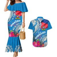 Personalised Haiti Coat Of Arms Couples Matching Mermaid Dress and Hawaiian Shirt Repiblik d Ayiti Tropical Flower Blue Polynesian Pattern LT03 Blue - Polynesian Pride