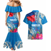Personalised Haiti Coat Of Arms Couples Matching Mermaid Dress and Hawaiian Shirt Repiblik d Ayiti Tropical Flower Blue Polynesian Pattern LT03 - Polynesian Pride