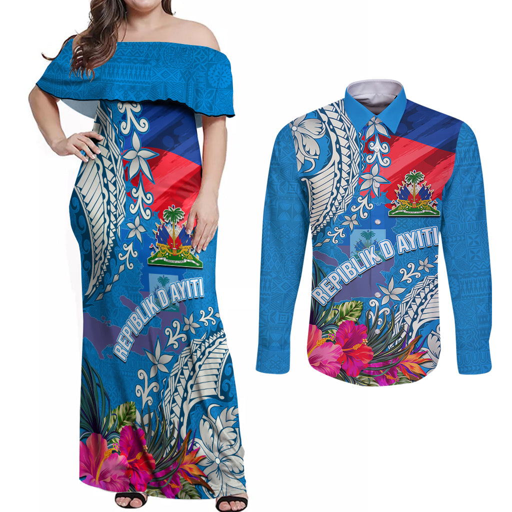 Personalised Haiti Coat Of Arms Couples Matching Off Shoulder Maxi Dress and Long Sleeve Button Shirt Repiblik d Ayiti Tropical Flower Blue Polynesian Pattern LT03 Blue - Polynesian Pride
