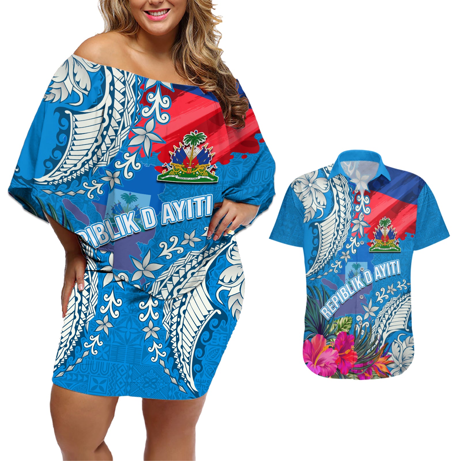 Personalised Haiti Coat Of Arms Couples Matching Off Shoulder Short Dress and Hawaiian Shirt Repiblik d Ayiti Tropical Flower Blue Polynesian Pattern LT03 Blue - Polynesian Pride