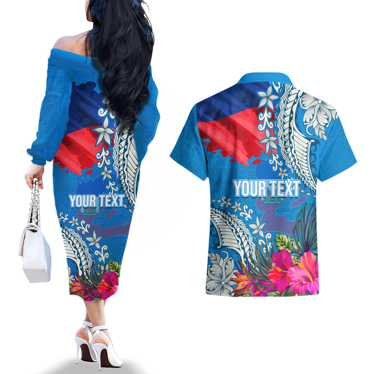 Personalised Haiti Coat Of Arms Couples Matching Off The Shoulder Long Sleeve Dress and Hawaiian Shirt Repiblik d Ayiti Tropical Flower Blue Polynesian Pattern LT03 - Polynesian Pride