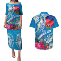 Personalised Haiti Coat Of Arms Couples Matching Puletasi Dress and Hawaiian Shirt Repiblik d Ayiti Tropical Flower Blue Polynesian Pattern LT03 Blue - Polynesian Pride