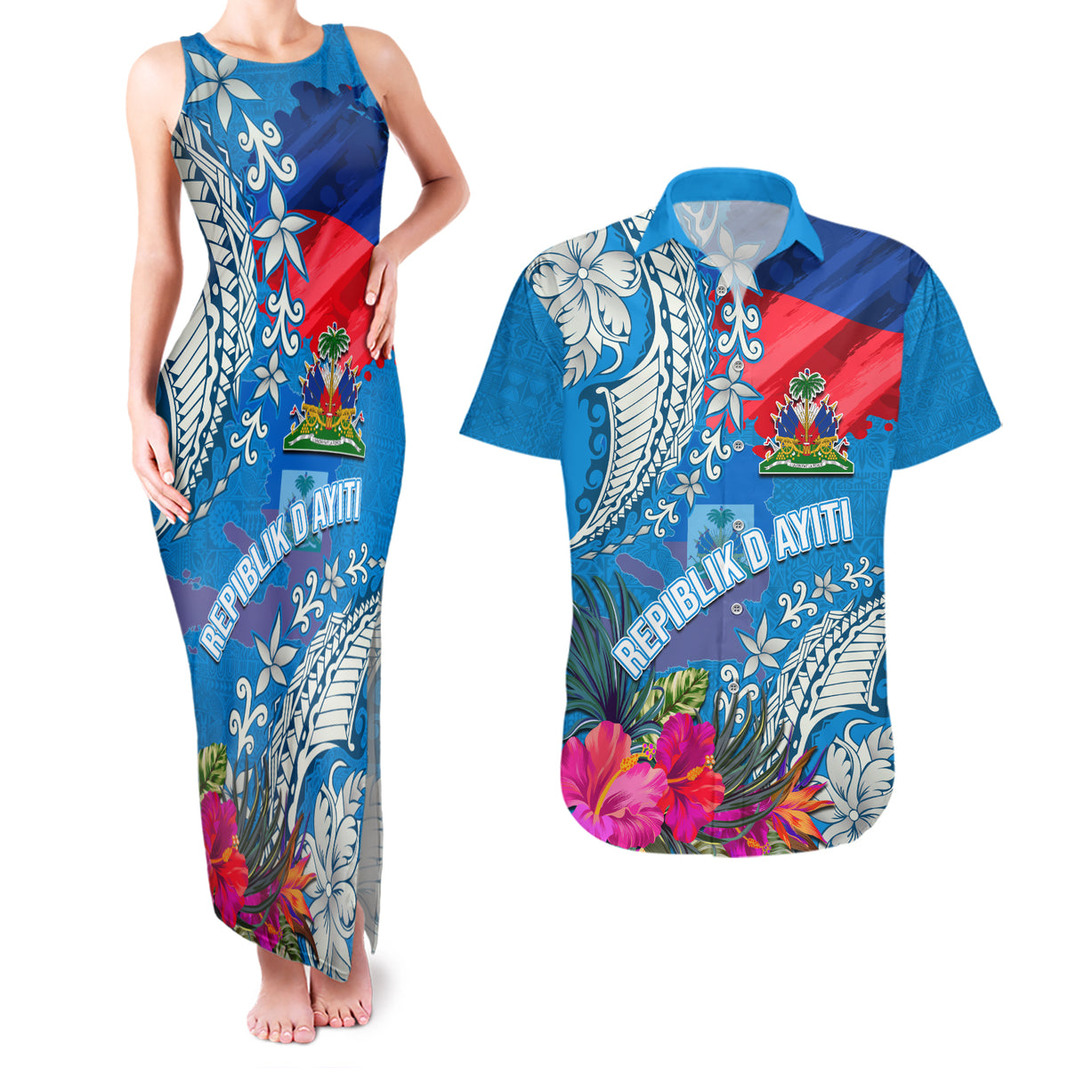 Personalised Haiti Coat Of Arms Couples Matching Tank Maxi Dress and Hawaiian Shirt Repiblik d Ayiti Tropical Flower Blue Polynesian Pattern LT03 Blue - Polynesian Pride