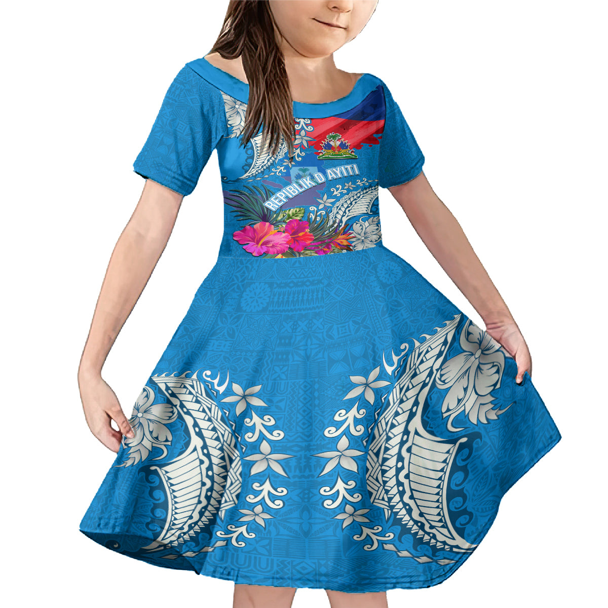 Personalised Haiti Coat Of Arms Family Matching Mermaid Dress and Hawaiian Shirt Repiblik d Ayiti Tropical Flower Blue Polynesian Pattern LT03 Daughter's Dress Blue - Polynesian Pride