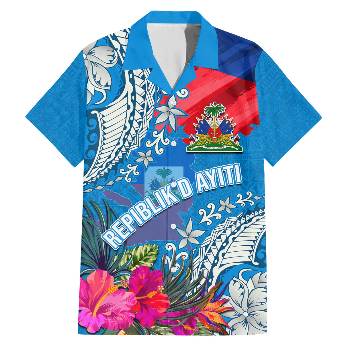 Personalised Haiti Coat Of Arms Family Matching Mermaid Dress and Hawaiian Shirt Repiblik d Ayiti Tropical Flower Blue Polynesian Pattern LT03 Dad's Shirt - Short Sleeve Blue - Polynesian Pride