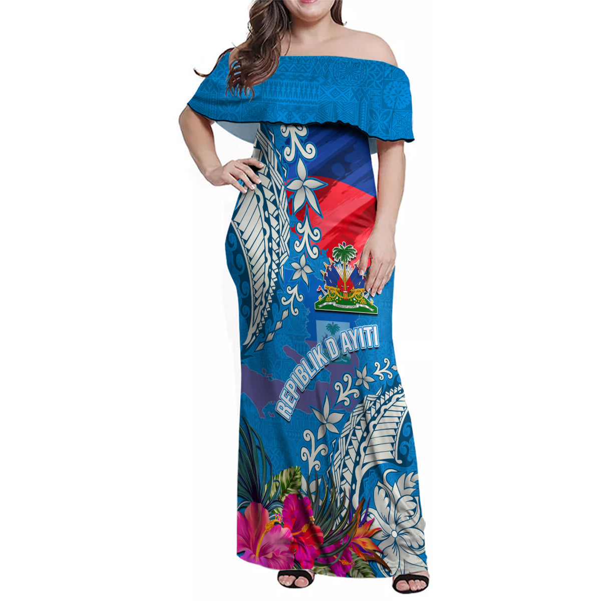 Personalised Haiti Coat Of Arms Family Matching Off Shoulder Maxi Dress and Hawaiian Shirt Repiblik d Ayiti Tropical Flower Blue Polynesian Pattern LT03 Mom's Dress Blue - Polynesian Pride