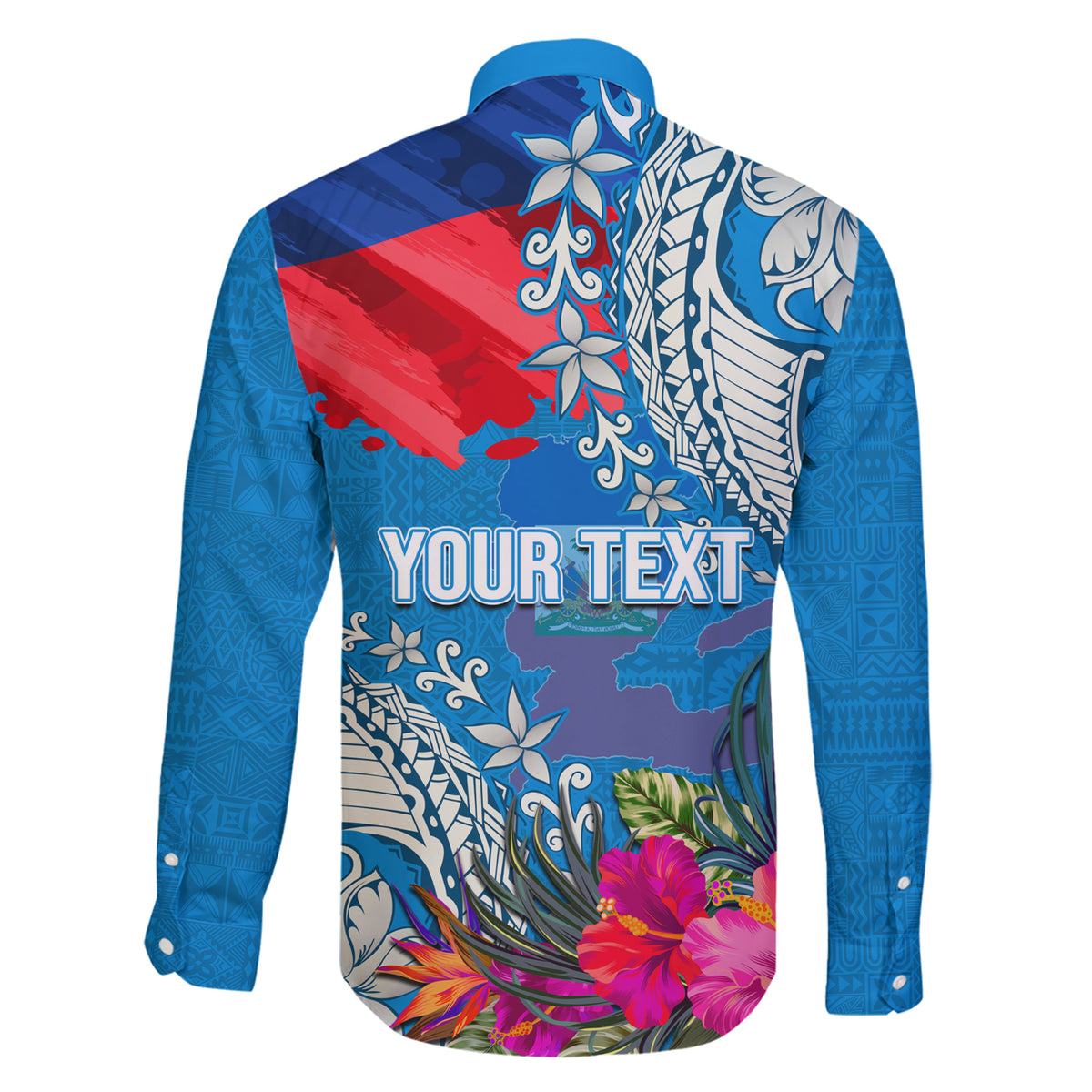 Personalised Haiti Coat Of Arms Family Matching Short Sleeve Bodycon Dress and Hawaiian Shirt Repiblik d Ayiti Tropical Flower Blue Polynesian Pattern LT03 - Polynesian Pride