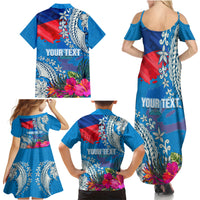 Personalised Haiti Coat Of Arms Family Matching Summer Maxi Dress and Hawaiian Shirt Repiblik d Ayiti Tropical Flower Blue Polynesian Pattern LT03 - Polynesian Pride