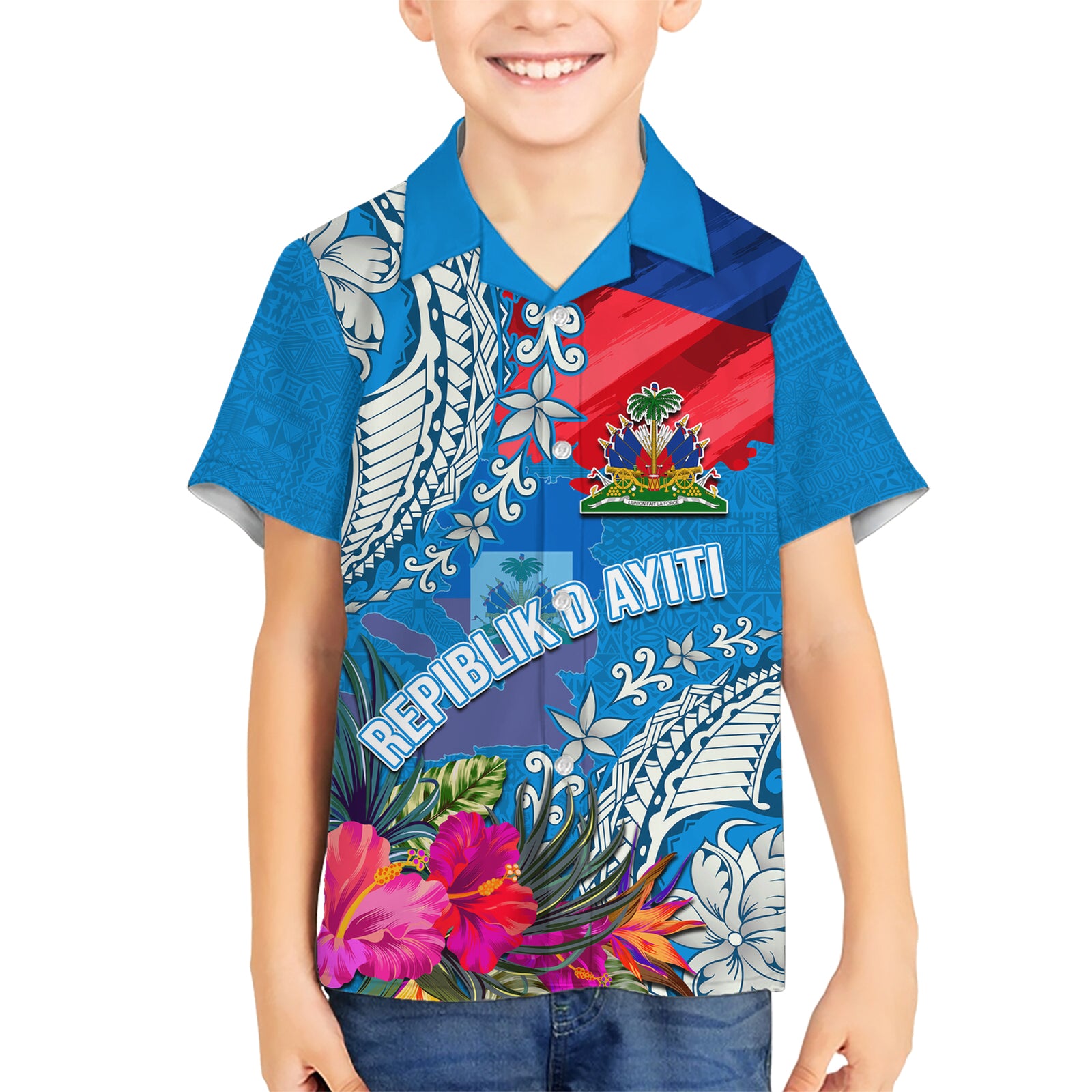 Personalised Haiti Coat Of Arms Kid Hawaiian Shirt Repiblik d Ayiti Tropical Flower Blue Polynesian Pattern LT03 Kid Blue - Polynesian Pride