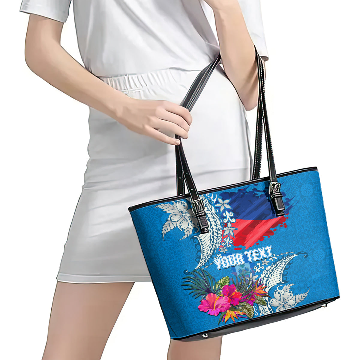 Personalised Haiti Coat Of Arms Leather Tote Bag Repiblik d Ayiti Tropical Flower Blue Polynesian Pattern LT03 - Polynesian Pride