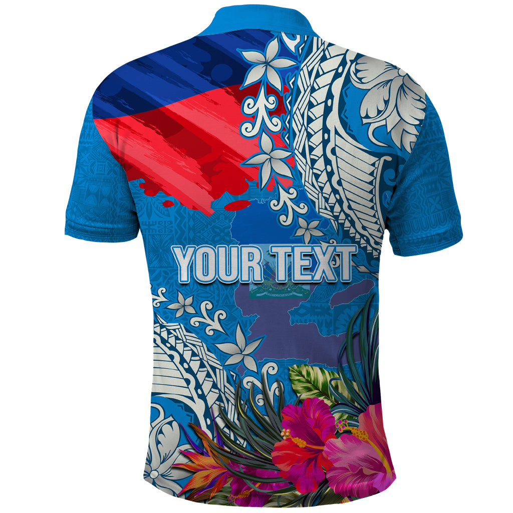 Personalised Haiti Coat Of Arms Polo Shirt Repiblik d Ayiti Tropical Flower Blue Polynesian Pattern LT03 - Polynesian Pride
