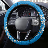Personalised Haiti Coat Of Arms Steering Wheel Cover Repiblik d Ayiti Tropical Flower Blue Polynesian Pattern LT03 - Polynesian Pride