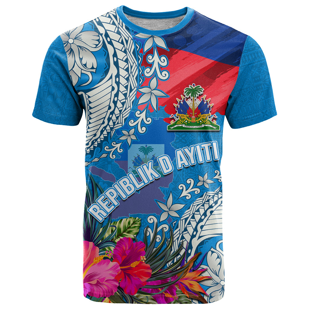 Personalised Haiti Coat Of Arms T Shirt Repiblik d Ayiti Tropical Flower Blue Polynesian Pattern LT03 Blue - Polynesian Pride
