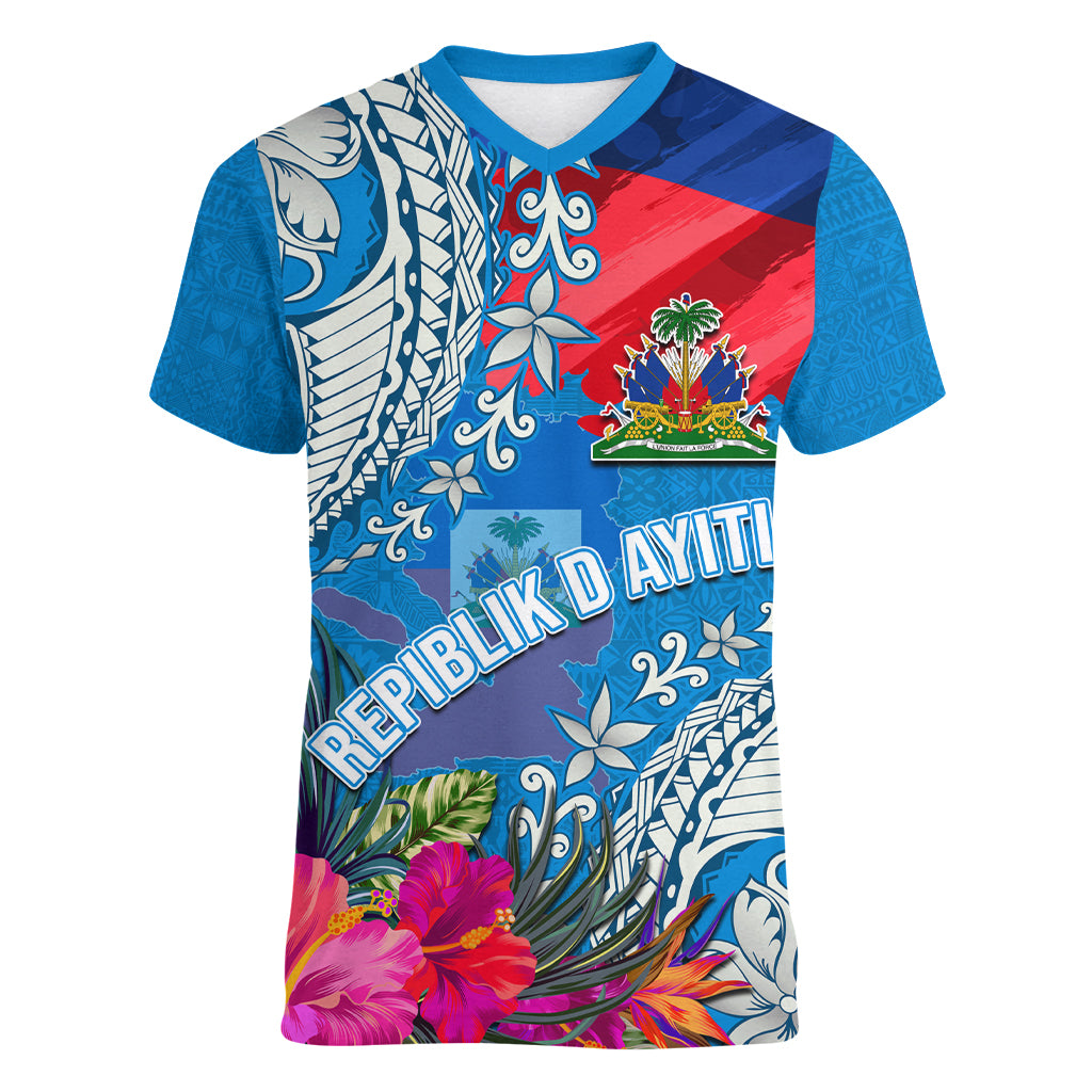 Personalised Haiti Coat Of Arms Women V Neck T Shirt Repiblik d Ayiti Tropical Flower Blue Polynesian Pattern LT03 Female Blue - Polynesian Pride