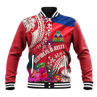 Personalised Haiti Coat Of Arms Baseball Jacket Repiblik d Ayiti Tropical Flower Red Polynesian Pattern LT03 Unisex Red - Polynesian Pride
