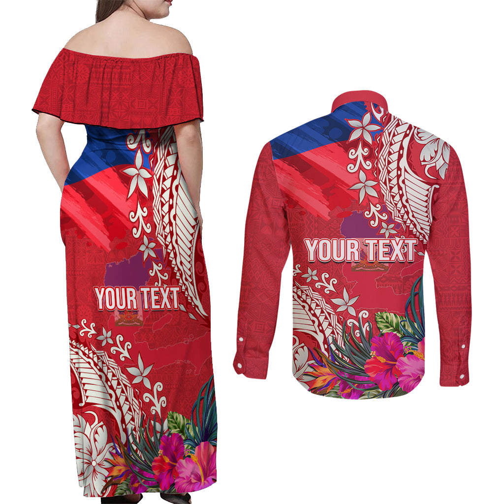 Personalised Haiti Coat Of Arms Couples Matching Off Shoulder Maxi Dress and Long Sleeve Button Shirt Repiblik d Ayiti Tropical Flower Red Polynesian Pattern LT03 - Polynesian Pride