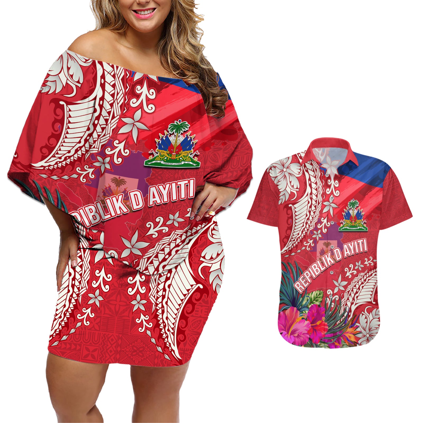 Personalised Haiti Coat Of Arms Couples Matching Off Shoulder Short Dress and Hawaiian Shirt Repiblik d Ayiti Tropical Flower Red Polynesian Pattern LT03 Red - Polynesian Pride