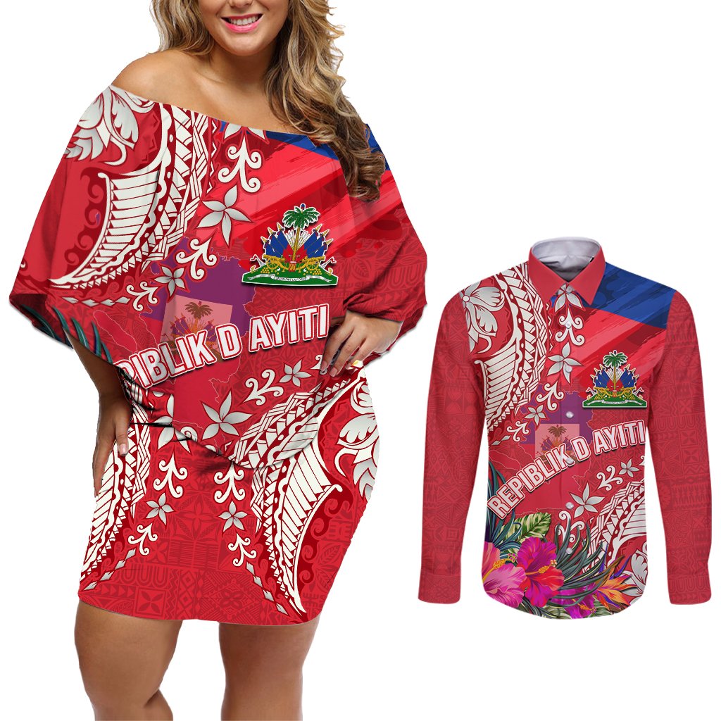 Personalised Haiti Coat Of Arms Couples Matching Off Shoulder Short Dress and Long Sleeve Button Shirt Repiblik d Ayiti Tropical Flower Red Polynesian Pattern LT03 Red - Polynesian Pride