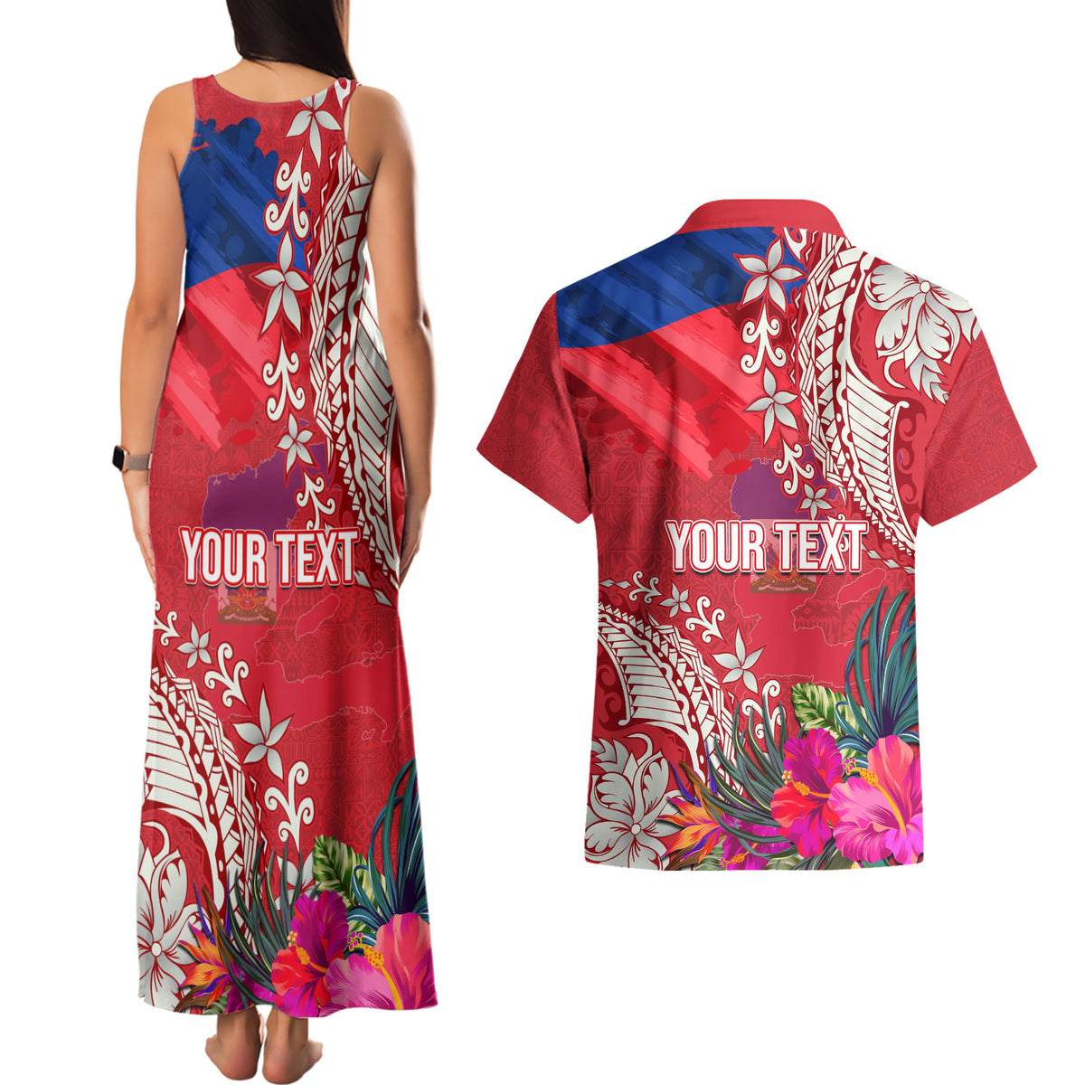 Personalised Haiti Coat Of Arms Couples Matching Tank Maxi Dress and Hawaiian Shirt Repiblik d Ayiti Tropical Flower Red Polynesian Pattern LT03 - Polynesian Pride