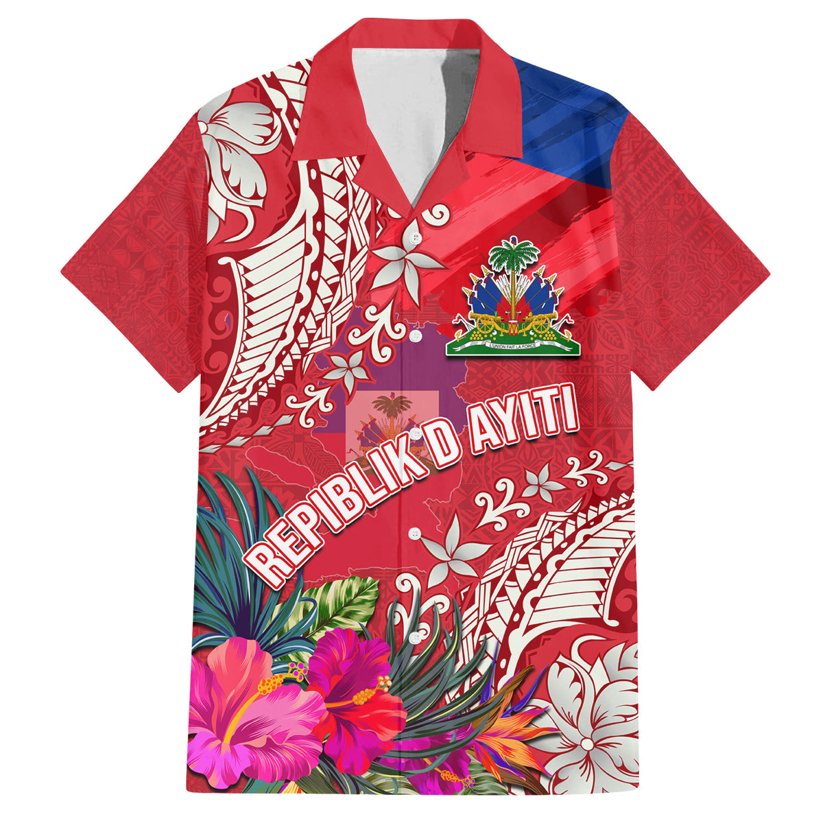 Personalised Haiti Coat Of Arms Family Matching Long Sleeve Bodycon Dress and Hawaiian Shirt Repiblik d Ayiti Tropical Flower Red Polynesian Pattern LT03 Dad's Shirt - Short Sleeve Red - Polynesian Pride