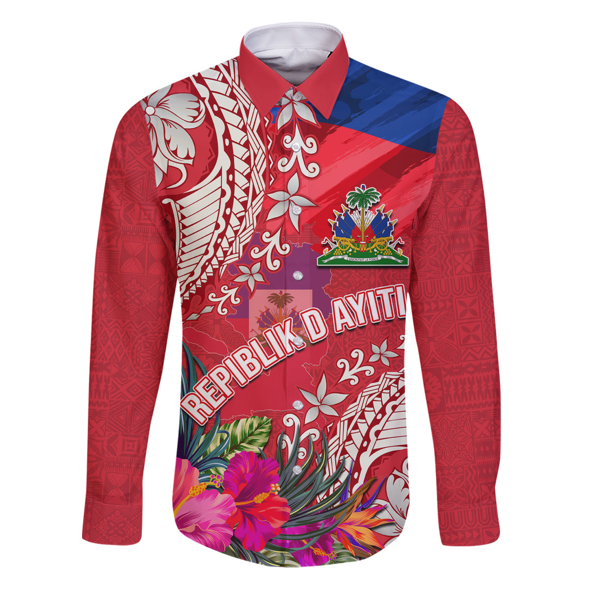 Personalised Haiti Coat Of Arms Family Matching Long Sleeve Bodycon Dress and Hawaiian Shirt Repiblik d Ayiti Tropical Flower Red Polynesian Pattern LT03 Dad's Shirt - Long Sleeve Red - Polynesian Pride