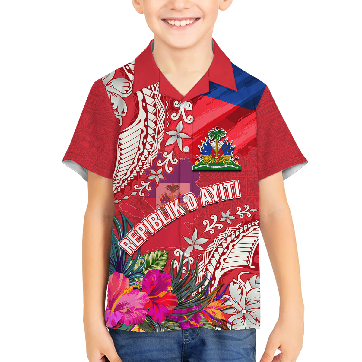 Personalised Haiti Coat Of Arms Family Matching Long Sleeve Bodycon Dress and Hawaiian Shirt Repiblik d Ayiti Tropical Flower Red Polynesian Pattern LT03 Son's Shirt Red - Polynesian Pride