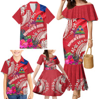 Personalised Haiti Coat Of Arms Family Matching Mermaid Dress and Hawaiian Shirt Repiblik d Ayiti Tropical Flower Red Polynesian Pattern LT03 - Polynesian Pride