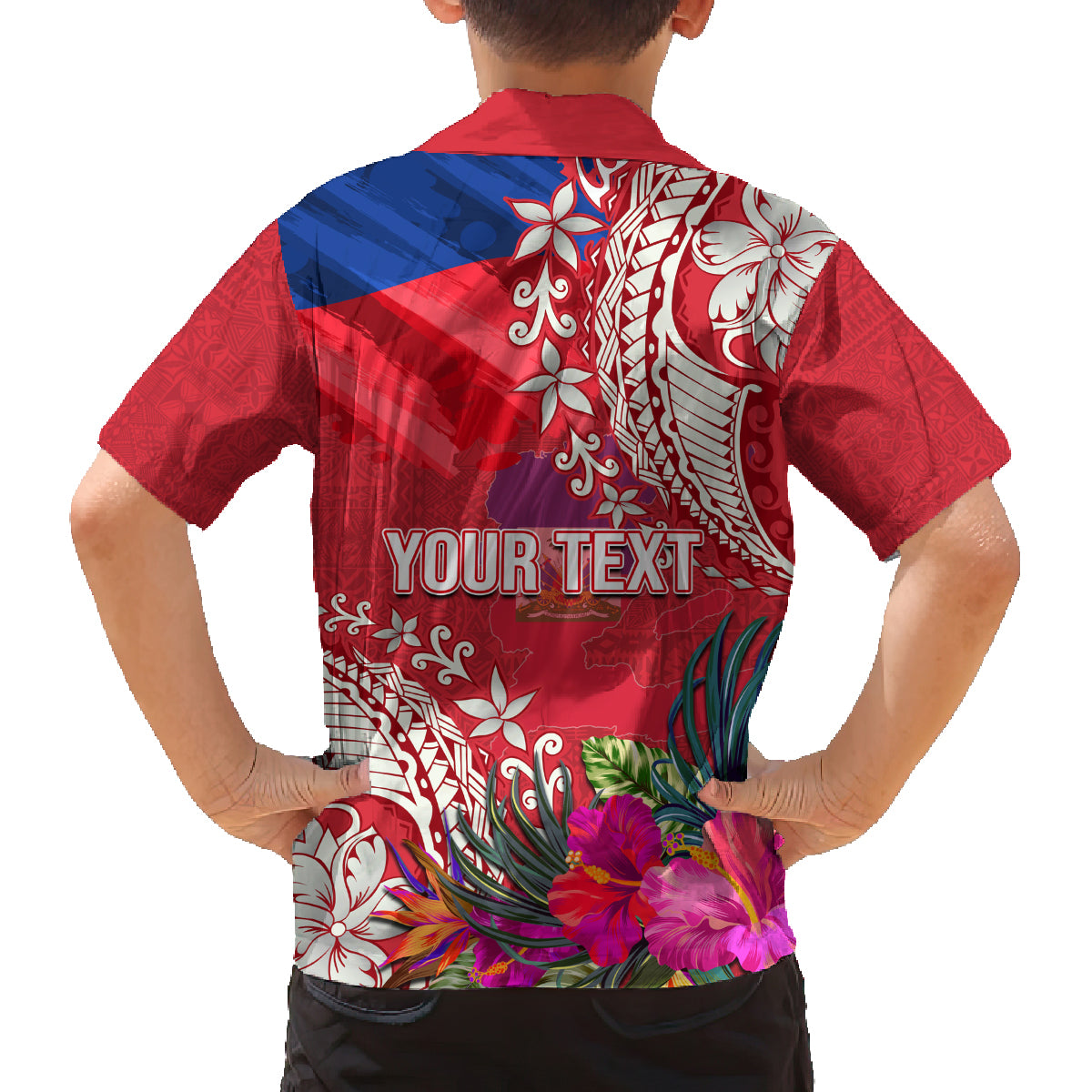 Personalised Haiti Coat Of Arms Family Matching Off Shoulder Short Dress and Hawaiian Shirt Repiblik d Ayiti Tropical Flower Red Polynesian Pattern LT03 - Polynesian Pride
